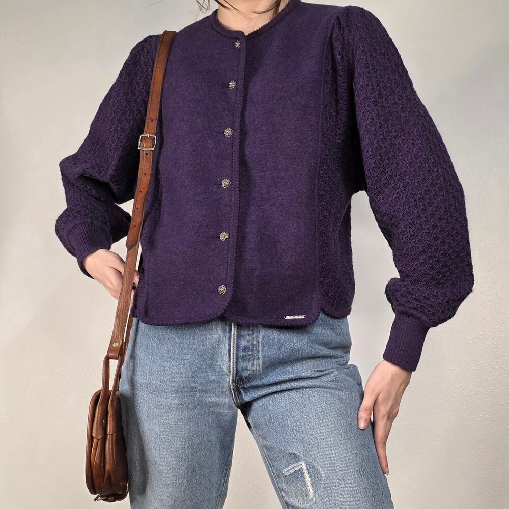 Vintage Geiger Austria Purple Wool Cardigan Puff Sleeve Size 40 Academia